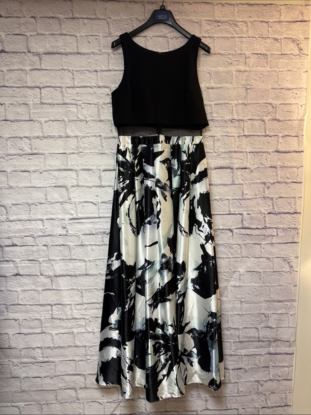 Elegant Black Two-Piece Prom Dress with Abstract White & Black Skirt